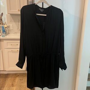 Vince deep Black Button-Front Drawstring Tunic long top draw string pockets sz L